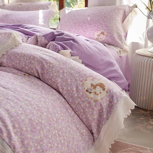 Floral Full Duvet Cover Purple Cotton Full Size Comforter Cover Double Gauze Lace Trim Boho Zipper Duvet Cover Set with Corner Ties Pattern Ruffle Bedding Set Farmhouse Duvet Protector - color: C Floral15, size: Full(Duvet Cover and 2 Pillows Sham)