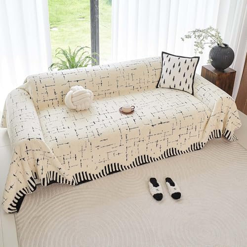 Sherpa Fleece Couch Cover for 2 Cushion Sofa, Beige, 71" x 118" – Pet Proof Sofa Covers, Heavy Duty, Scratch Resistant, Pet Friendly Furniture Cover – Easy Install, Machine Washable - color: Stripe 2 White, size: 71" x 118"