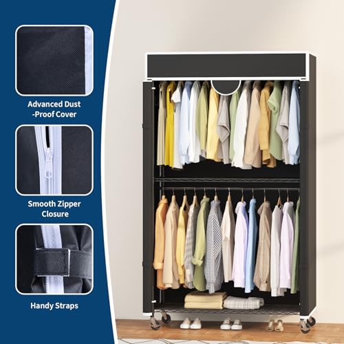 Heavy Duty Clothes Rack with Cover, 485LBS Capacity, Portable Closet Wardrobe on Wheels, Carbon Steel, Dustproof, Tool-Free Assembly, Clothes Racks for Hanging Clothes, for Bedroom, Laundry, Storage