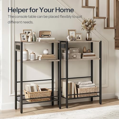 HOOBRO 15.7" Narrow Console Table with Charging Station, 3 Tier Entryway Table for Small Space, Behind Couch Table, Sofa Table, for Entryway, Hallway, Living Room, Greige and Black BG42UXG01 - color: Greige + Black
