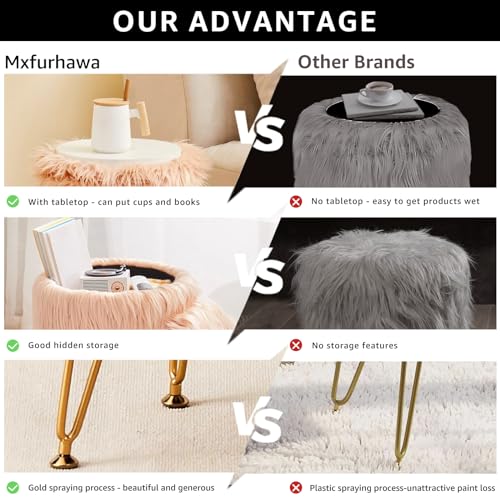 Faux Fur Storage Ottoman Round Furry Vanity Stool Marble Grain Tray Coffee Table Compact Footrest Stool with 4 Metal Legs Soft Makeup Seat Foot Stools Living Room Bedroom Entryway Champagne - color: Champagne