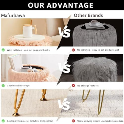 Faux Fur Storage Ottoman Round Furry Vanity Stool Marble Grain Tray Coffee Table Compact Footrest Stool with 4 Metal Legs Soft Makeup Seat Foot Stools Living Room Bedroom Entryway Champagne - color: Champagne