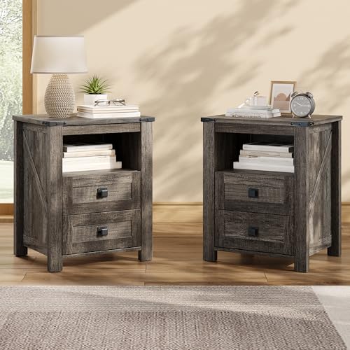 AMERLIFE Farmhouse Wood Nightstand Set of 2, End Table with Drawers, Grey | Narrow/Small 18" Bedside Table with Open Shelf, Wooden Night Stand for Bedroom/Home Office, Rustic Grey Oak - color: Rustic Grey