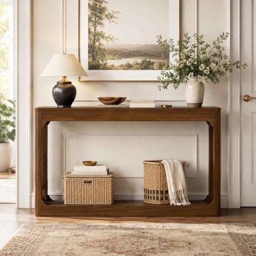 55.1" Console Table, Entryway Sofa Table for Hallway, Walnut | Engineered wood, Slim console table, curved legs, 2-tier storage, entryway hallway sofa living room - color: Walnut