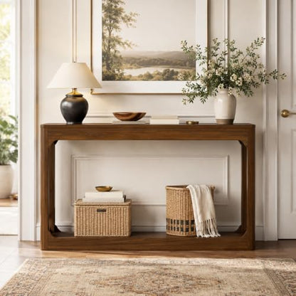 55.1" Console Table, Entryway Sofa Table for Hallway, Walnut | Engineered wood, Slim console table, curved legs, 2-tier storage, entryway hallway sofa living room - color: Walnut