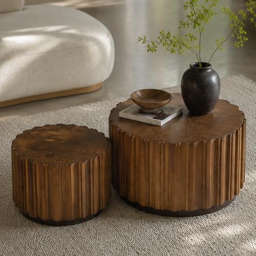 WILLIAMPSACE Round Nesting Coffee Table Set of 2, Rustic Farmhouse Wooden Drum Center Tables with Vertical Slatted Body, Tea Table for Living Room Apartment, No Assembly (19.7"+27.5", Walnut) - color: 19.7"+27.5", Walnut