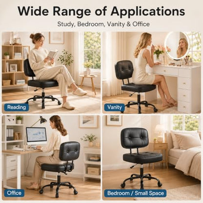 Armless Drafting Chair, Ergonomic PU Leather Home Office Computer Task Chair with Lumbar Support, Height Adjustable Swivel Rolling Chair for Small Spaces, Vanity, Bedroom, Study, Living Room, Black - color: Black -Basic