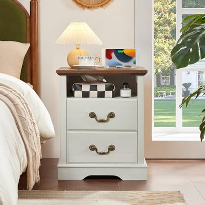 Farmhouse Night Stand with Charging Station, White | 2 Drawers End Tables Bedroom, Bedside Table with Rustic Handles & Floor-Standing Thickened Foot & Open Shelf - color: White, size: 18"D x 18"W x 24"H (2 Drawers)
