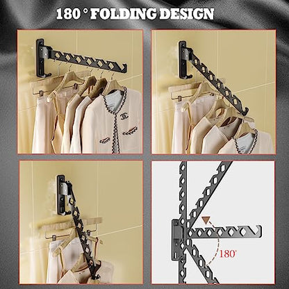 Wall Mount Coat Hanger Holder Black Clothes Drying Organizer Rack Garment Hooks Aluminium Retractable Folding Indoor Wall Mounted Hanger Space Saver for Laundry Room Bedroom Black 2 Pack with 8 Hooks - color: Black 2racks with Hooks