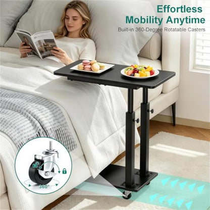 AOODA 22''W TV Tray Table with Wheels Adjustable Height, C Shaped End Tables Living Room, Rolling Couch Side Table with Storage for Sofa, Bed, Recliner (Pure Black) - color: Pure Black