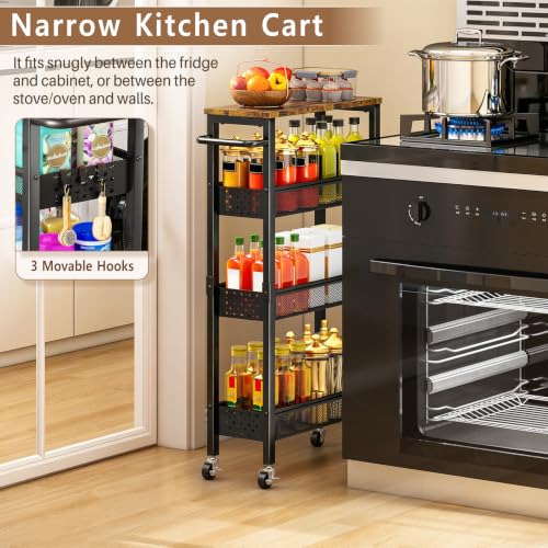 Slim Storage Cart with Wheels, 4 Tier Metal Rolling Organizer with Wood Top and Handle, Narrow Utility Shelf for Kitchen Bathroom Laundry Room, Black - color: Black-7.1inch