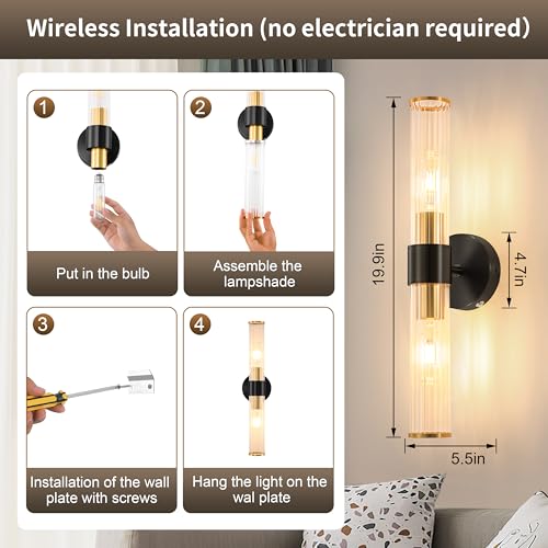Morauroral Black Gold Battery Operated Wall Sconce, Rechargeable Wall Lights with Remote, 20 Inch Modern Wireless Wall Lamp for Bedroom, Living Room with Clear Glass Shade (Bulbs Included) - color: Gold（1 Pack）