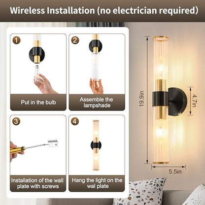 Morauroral Black Gold Battery Operated Wall Sconce, Rechargeable Wall Lights with Remote, 20 Inch Modern Wireless Wall Lamp for Bedroom, Living Room with Clear Glass Shade (Bulbs Included) - color: Gold（1 Pack）