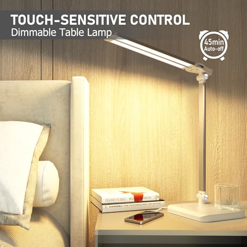LED Desk Lamp for Home Office Desk Light Table Lamp 50 Lighting Modes Timer | Eye-Caring Desk Lamp with USB Adapter, Foldable Dual Swing Arm Architect for Reading, Study, Workbench - color: Silver