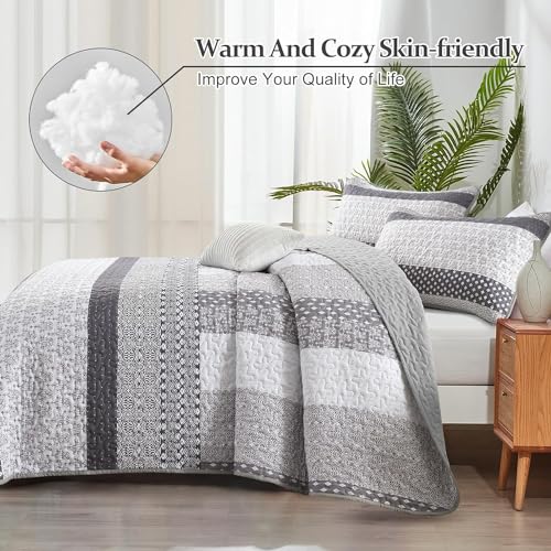 WONGS BEDDING Grey Full Size Quilt Set, Bohemian Striped Bedspreads | Reversible Boho Bedspread with Grey Accents, Lightweight Microfiber Coverlet for All Seasons (78"x90") , OEKO-TEX - color: Grey, size: Full