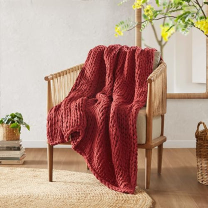 Madison Park Chunky Double Knit All Season Throw Blanket, 50 x 60, Red | Ultra Soft, Acrylic, Cozy Warmth for Sofa or Bed, Lightweight, Boho, OEKO-TEX Certified - color: Red