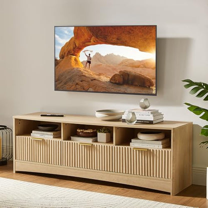 Amada 59" Wide Fluted Storage TV Stand for TVs up to 65", Natural | Elegant fluted wood panels, 3 drawers, 3 open shelves, cable holes, smooth metal slides, wide metal handles, rounded edges
