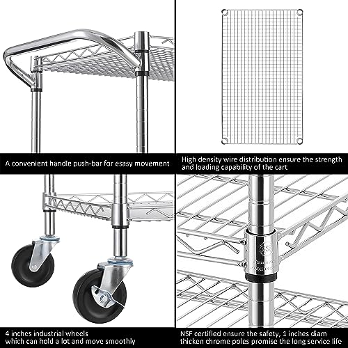 Finnhomy 3 Tier Heavy Duty Commercial Grade Utility Cart, Wire Rolling Cart with Pushing Handle Bar, Steel Metal Kitchen Service Trolly with Wheels, Shelf Size 18" D x 36" W, NSF, Chrome - size: 36"L x 18"W x 35.4"H-3 Tier, style: Chrome Cart