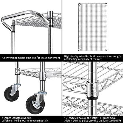Finnhomy 3 Tier Heavy Duty Commercial Grade Utility Cart, Wire Rolling Cart with Pushing Handle Bar, Steel Metal Kitchen Service Trolly with Wheels, Shelf Size 18" D x 36" W, NSF, Chrome - size: 36"L x 18"W x 35.4"H-3 Tier, style: Chrome Cart