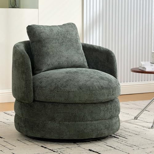 Round Swivel Barrel Chair with Comfy Pillow, Beige Small Accent Chair with Curved Backrest, Modern Upholstered Armchair & Chenille Barrel Accent Chairs for Living Room Bedroom Office (Green) - color: Green