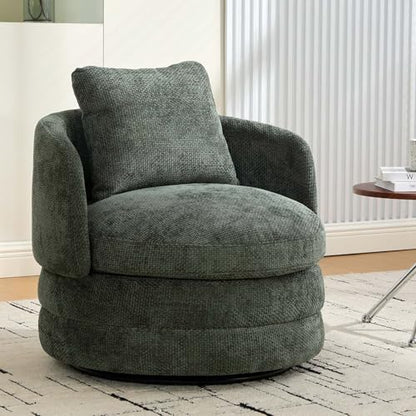 Round Swivel Barrel Chair with Comfy Pillow, Beige Small Accent Chair with Curved Backrest, Modern Upholstered Armchair & Chenille Barrel Accent Chairs for Living Room Bedroom Office (Green) - color: Green