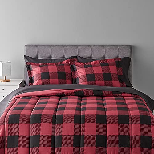 Amazon Basics Full/Queen Comforter Set with Sheets, 5-Piece Red Buffalo Plaid Bedding, Lightweight Microfiber Bed-in-a-Bag - color: Red Buffalo Plaid, size: Full/Queen, style: 1-Pack