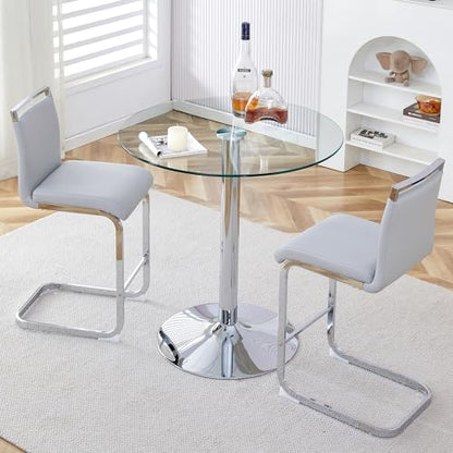 Bar Table and Chairs Set of 2,Round Counter Height Dining Table Set,35” Glass Round Bar Table Set with Light Grey Bar Stools,Sturdy Silver Chrome Base,Small Pub Table Set for Apartment,Kitchen(36"H - color: Silver&light Grey