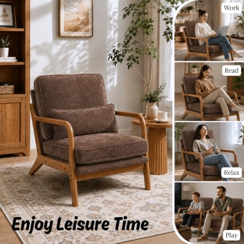 Karl home Mid-Century Modern Accent Reading Chair, Brown | Chenille Upholstered, Solid Wood Frame, Soft Cushion, Lumbar Pillow, Lounge Armchair for Living Room, Bedroom, Balcony, Study - color: Chenille Brown