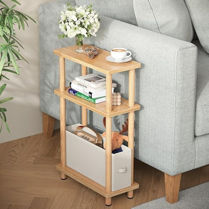Apicizon Narrow Side Table with Fabric Basket, 3-Tier End Table, Natural | Sofa Side Table, Wood Storage Shelf, Slim Nightstand, Skinny Bedside Table for Narrow Spaces, Living Room, Bedroom - color: Natural, style: Narrow Side Table with Basket