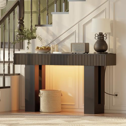 60-Inch Long Entryway Table with Built-in Power Outlet and App & Button-Controlled RGB Light, Thick Wood Farmhouse Console Table for Behind Sofa, Narrow Hallway, Living Room, Foyer, Entrance, Black - color: Black, size: 60 Inch