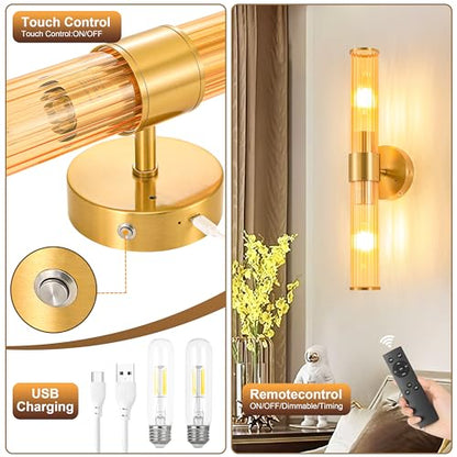 Morauroral Gold Battery Operated Wall Sconces Set of 2, Rechargeable Wall Lights with Remote Control, 20 Inch Modern Wireless Wall Lamp for Bedroom, Living Room with Amber Shade (Bulbs Included) - color: Gold（Amber Glass）