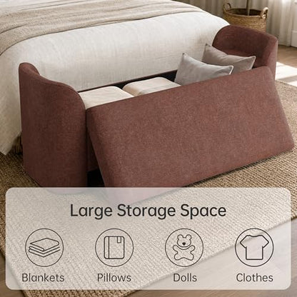 Usaint 58.3" Upholstered Storage Ottoman Bench with 2 Pillows, Rusty Red | End of Bed Bench with Curved Arms and Thickened Seat Cushion for Bedroom, Livingroom, Window, Entryway and Dressing Areas - color: Rusty Red