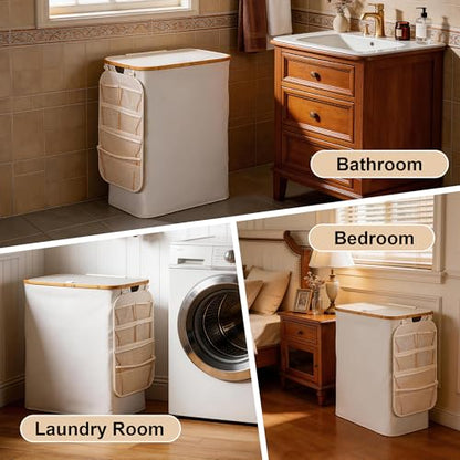 Laundry Basket 160L Laundry Hamper 3 Section, Large 42.3 Gal Separated Laundry Hamper with Lid & Removable Liners, laundry organizer with 6 Pockets & Handles for Bedroom Laundry Room, Beige - color: Beige