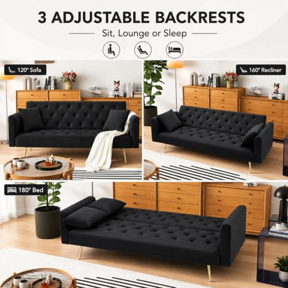 Anwick 72''Modern Velvet Sofa Bed Futon,Convertible Folding Sleeper Couches with 3 Adjustable Backrests,Tufted Recliner Loveseat with Golden Chrome Legs for Living Room Apartment Office (Black) - color: Black