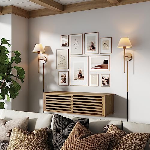 Nathan James Millie Plug-in Wall Sconce, Wall Mounted Bedside Reading Lamp with Cotton Shade and Brass Back Plate - color: Brass/White, size: Set of 1