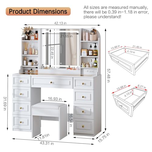 Arulvmrn 43" Makeup Vanity Desk with Mirror and Lights, & Power Outl, Glass Top Big Vanity Table with 9 Drawers& 8 Storage Shelves, Dressing Table Set with Chair for Bedroom, White - color: White