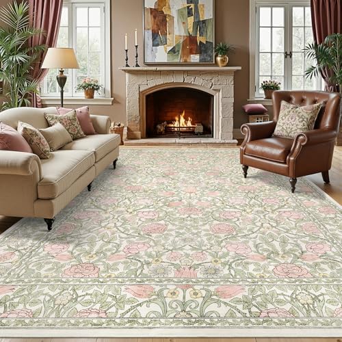 GarveeHome Pink Green Beige Floral 9x12 Area Rugs for Living Room Bedroom | Large Washable Dinning Room Girls Dorm Office Rug Vintage Boho Rugs Low-Pile Non-Slip Stain Resistant TPE Backing - color: A Beige / Pink, size: 9' x 12' (Rectangular)