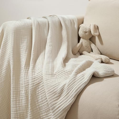 PHF 100% Cotton Muslin Throw Blanket 50" x 60", 4-Layer Lightweight and Breathable Blanket, Luxuriously Soft Gauze Throws for Couch Bed Sofa, Ideal Gift Choice, Oat Milk - color: Oat Milk, size: Throw(50"X60")