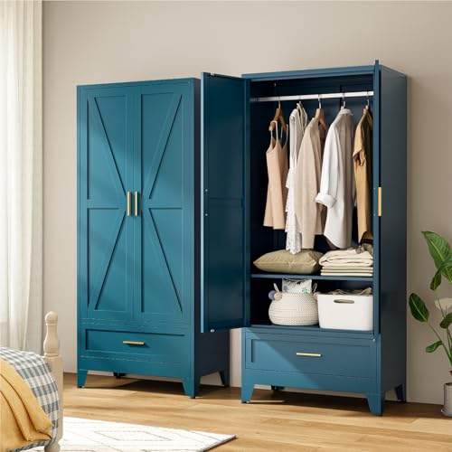 71" Tall Metal Armoire Wardrobe Closet,17.7" Deep By 31.5" Wide Portable Closet for Hanging Clothes,Wardrobe Cabinet with Drawer and Shelve for Bedroom Office Laundry Room,Blue 1 Pack - color: Blue, size: 17.7"D x 31.5"W x 71"H-4