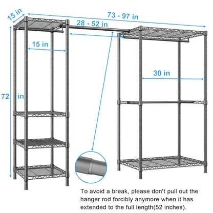 E10 Clothes Rack（With Stretchable Hanger Rod）Freestanding Clothing Racks for Hanging Clothes，Adjustable Closet Organizer System，Portable Garment Rack 73-97" W x 15" D x 72" H，Max Load 800LBS，Grey - color: Grey