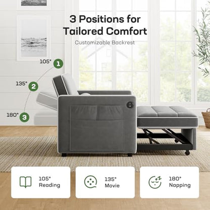 Marsail 3-in-1 Convertible Futon Sleeper Sofa Bed, Pull Out Couch with Adjustable Backrest, USB Charging & Side Pockets, Velvet Fabric Sofa for Living Room, Apartment, Loveseat, Grey - color: Grey