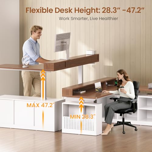 SEDETA L Shaped Electric Standing Desk, 63 inch Gaming Computer Desk with Storage Shelves and LED Lights, Height Adjustable Office Desk with Power Outlet and Pegboard, Brown Desktop - color: Brown