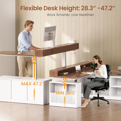 SEDETA L Shaped Electric Standing Desk, 63 inch Gaming Computer Desk with Storage Shelves and LED Lights, Height Adjustable Office Desk with Power Outlet and Pegboard, Brown Desktop - color: Brown