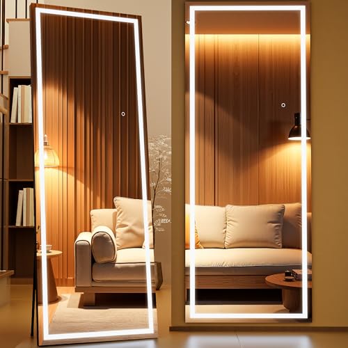 67" x 24" Full Length Mirror with Lights, LED Lighted Floor Standing Body Mirror, Dimmable & 3 Color Lighting for Bedroom, Cloakroom, Dressing Room, Tempered Glass, Black Frame - color: Black, size: 67"L x 24"W