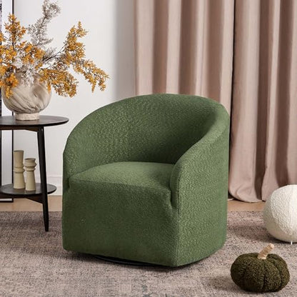 KINWELL 32" Wide Modern Boucle Swivel Barrel Chair, No Assembly Round Upholstered Swivel Accent Armchair for Living Room, Bedroom, Office (Green) - color: Green, style: Set of 1