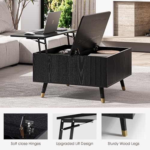 JOINICE Square Lift Top Coffee Table with Storage for Living Room,Black | 32" Multi-functional Pop Up Center Table,Large Hidden Compartments with Solid Wood Legs,Lift to 23",Hold 100lbs,Easy Assembly - color: Black_square