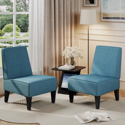 Armless Accent Chairs Set of 2, Blue Upholstered Linen Slipper Chair with Solid Wood Legs, Mid Century Modern Side Chairs for Small Living Room Bedroom Apartment Reading Nook - color: Blue