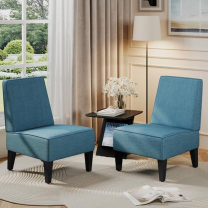Armless Accent Chairs Set of 2, Blue Upholstered Linen Slipper Chair with Solid Wood Legs, Mid Century Modern Side Chairs for Small Living Room Bedroom Apartment Reading Nook - color: Blue