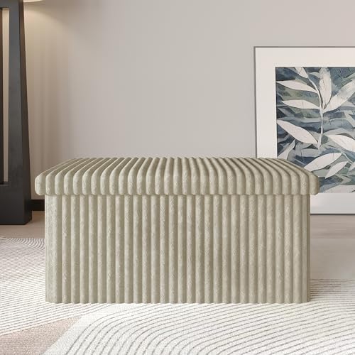 HOME DESIGN Florence 30" Upholstered Folding Storage Bench, Tufted Top, Space-Saving Storage, Light Beige Upholstery - color: Light Beige