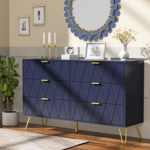 Anbuy Navy Large Dresser 6 Drawer Dresser for Bedroom, Chest of Drawer with 6 Wide Drawers Wood Storage Cabinet Organizer with Metal Gold Legs for Bedroom, Living Room, Entryway - color: Navy Blue, size: 13.4"D x 47.54"W x 28.73"H(6 Drawers)